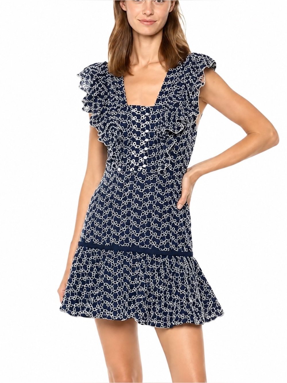 Keepsake The Label Blossom White & Navy Eyelet Mini Dress